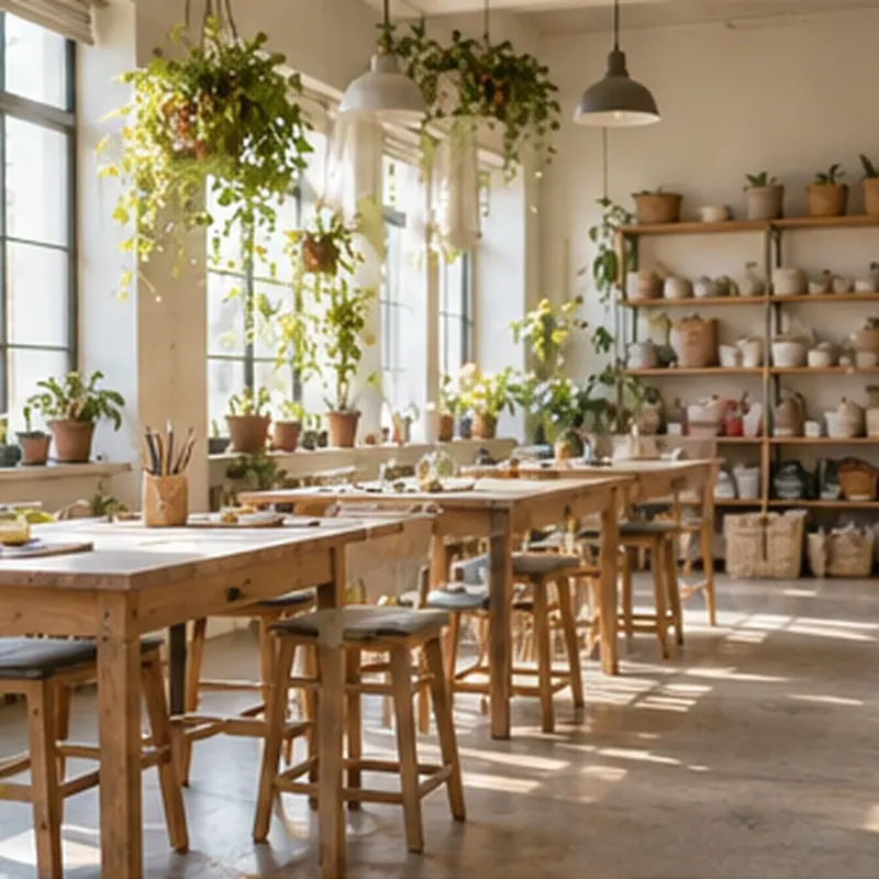 The studio on a quiet morning: long wooden tables, stools and shelves full of plants and pots