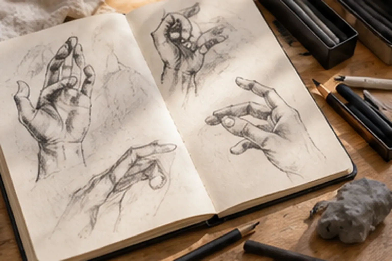 An open sketchbook full of pencil studies of hands, with pencils and charcoal around it