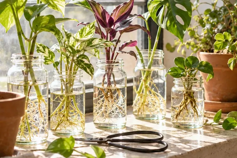 Plant cuttings rooting in glass jars of water on a sunny windowsill