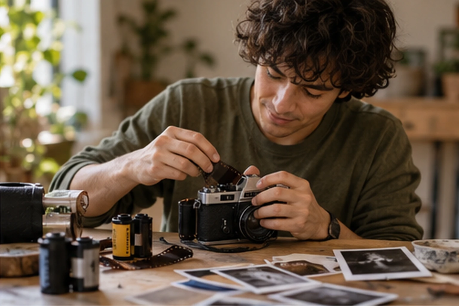 Young man loading a film camera