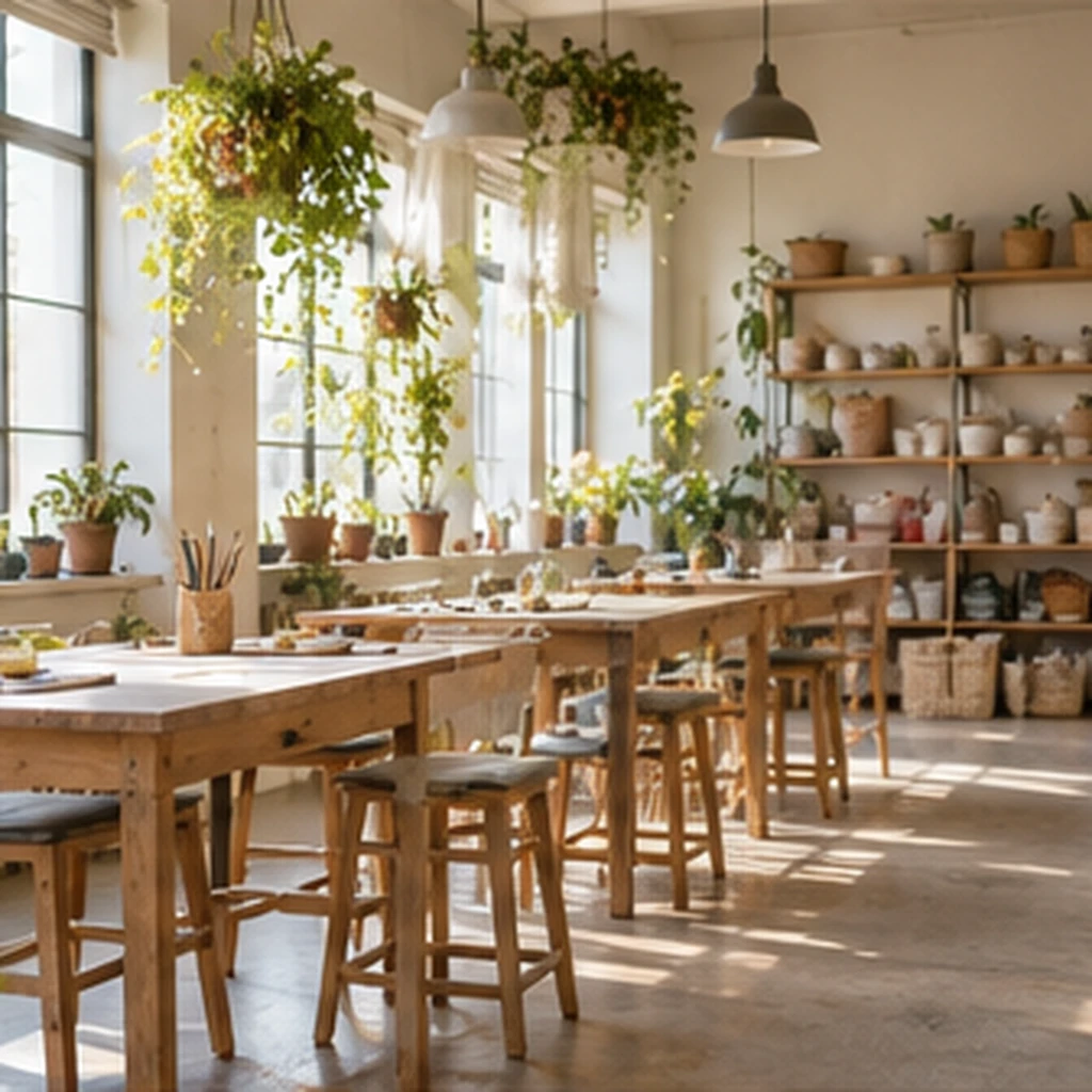The Studio Club room: long wooden tables, hanging plants and shelves of pots