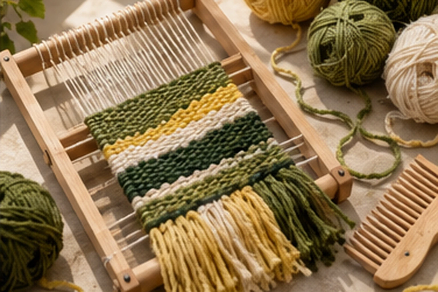 A small frame loom with a green and cream striped weave and balls of yarn