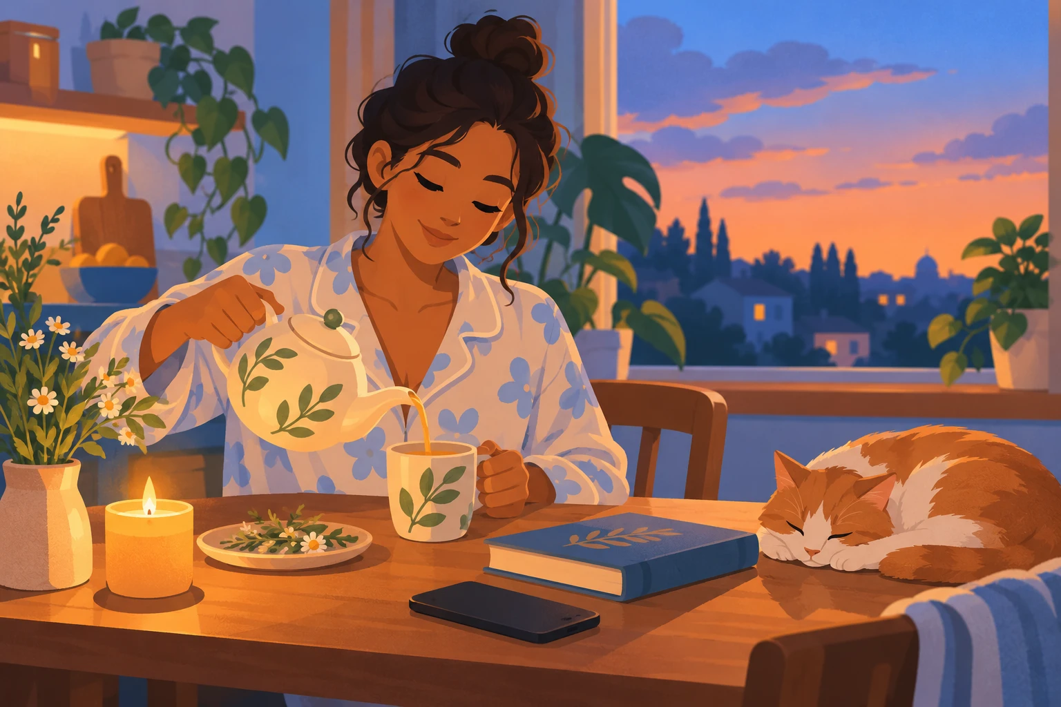 An evening tea ritual at a kitchen table.